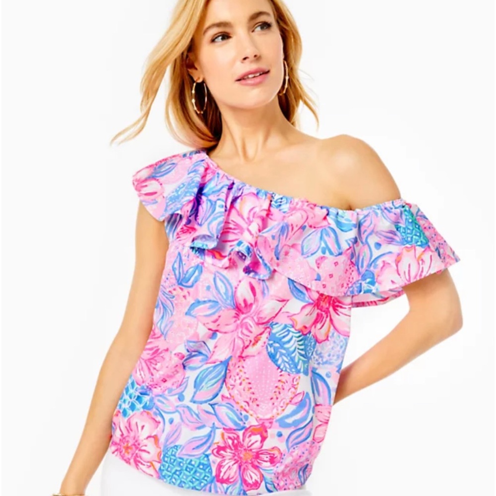 Lilly Pulitzer summer top one shoulder ruffle multicolor cool breathable cotton - Picture 3 of 9